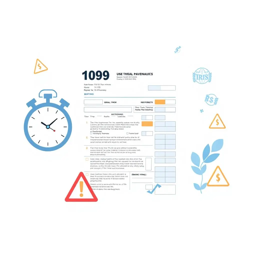 1099 tax form with symbols of urgency, including a stopwatch, warning signs, and dollar icons, emphasizing the importance of timely filing.