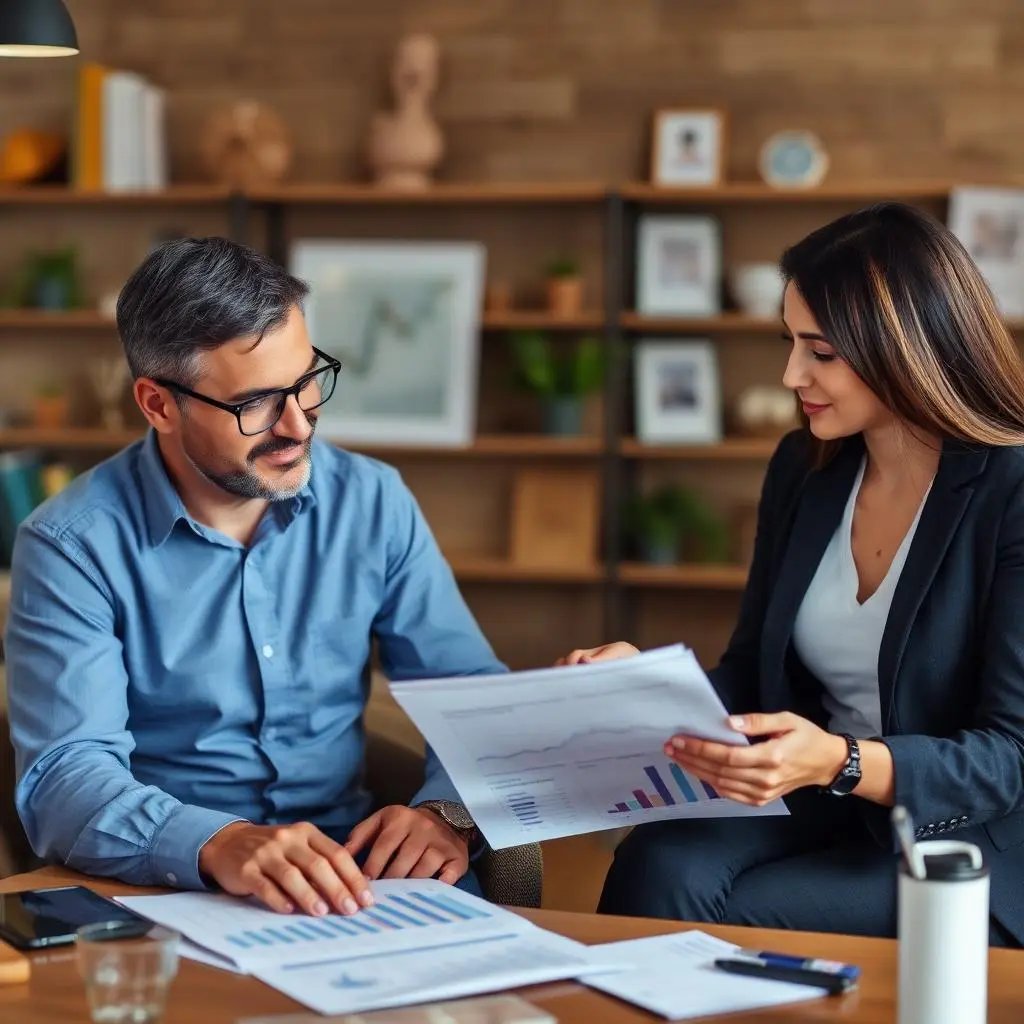 Accounting and Bookkeeping Services: Business owner and accountant reviewing financial reports and strategies for growth.