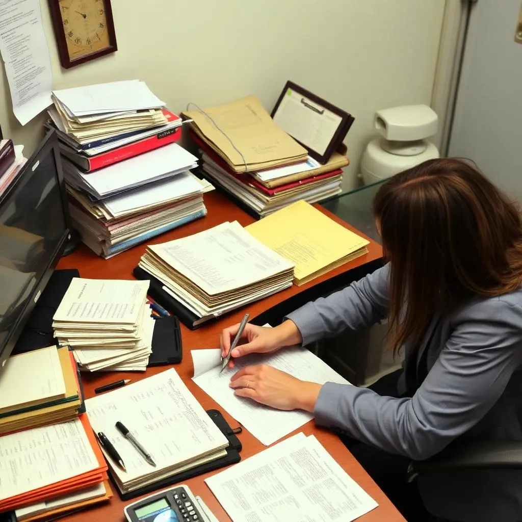 Accounting and Bookkeeping Services: Accountant correcting financial records on a cluttered desk, resolving bookkeeping errors.