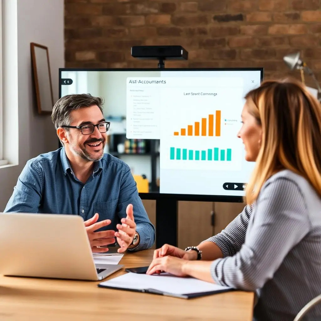 Accounting and Bookkeeping Services: Business owner speaking with accountant over a video call, discussing how to streamline accounting processes.