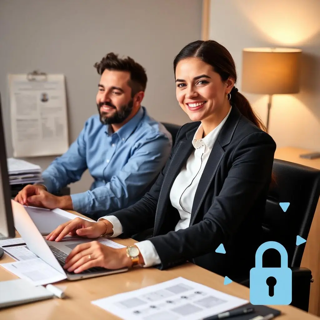Two professionals working on a computer, with a security lock symbol, representing secure handling of sensitive information.