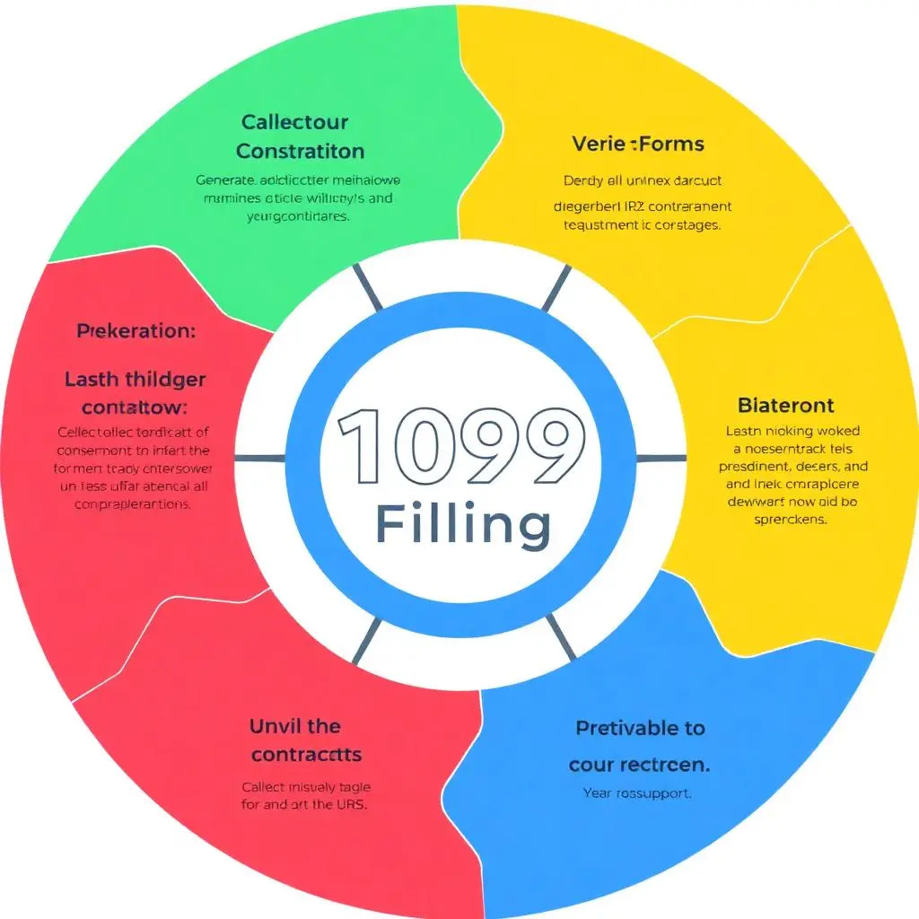 Infographic showing the steps involved in the 1099 filing process, with sections like verification, contract collection, and form submission.