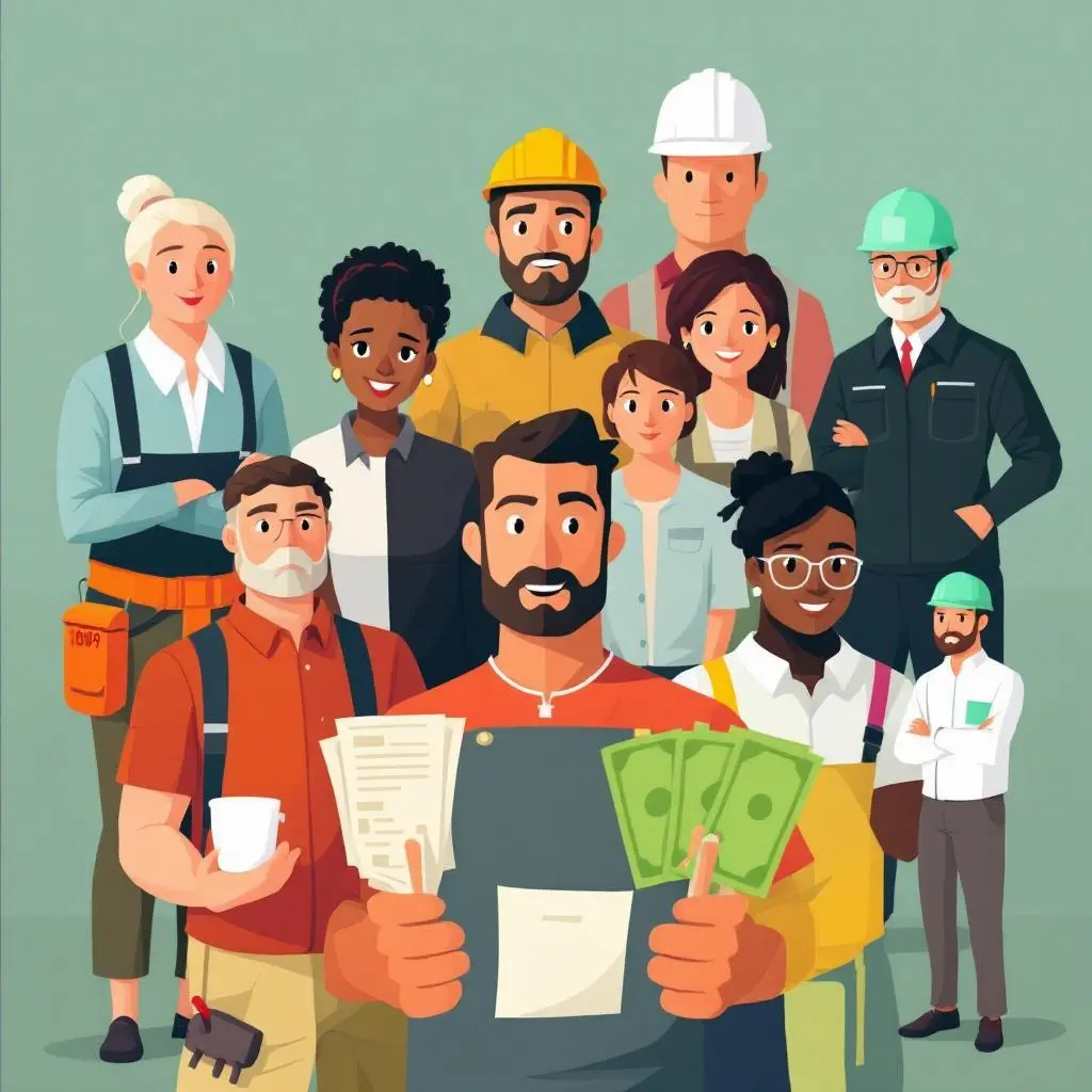 A diverse group of professionals, including construction workers, engineers, and office staff, with one person in front holding cash and documents.