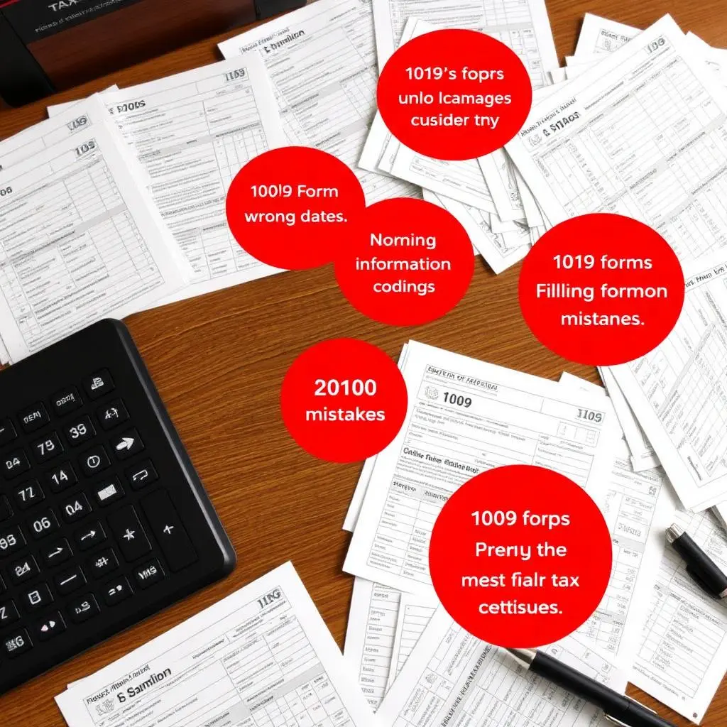 Tax forms and a calculator on a desk, with red circles highlighting common 1099 form errors.