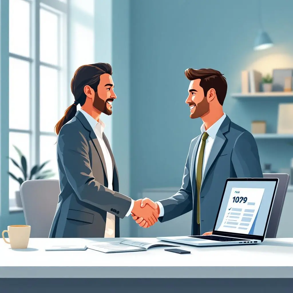 Two businessmen in suits shaking hands in an office, with a laptop showing a 1099 tax form on the desk.