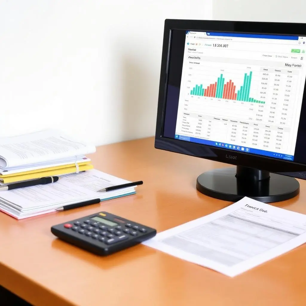 Accounting and Bookkeeping Services: Organized desk with financial documents, a calculator, and a computer displaying financial reports.