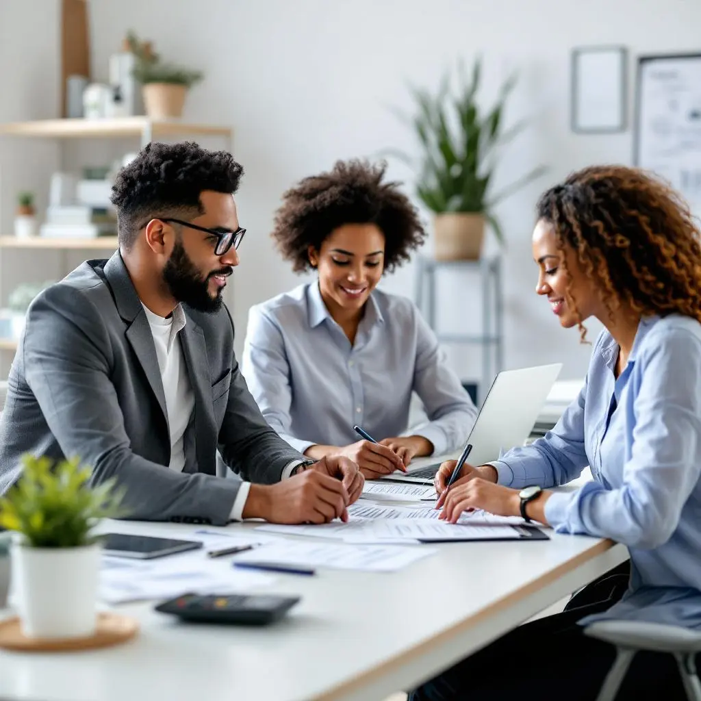 Diverse tax consultants in a modern office reviewing documents and using laptops/calculators for efficient 1099 form preparation and IRS compliance.